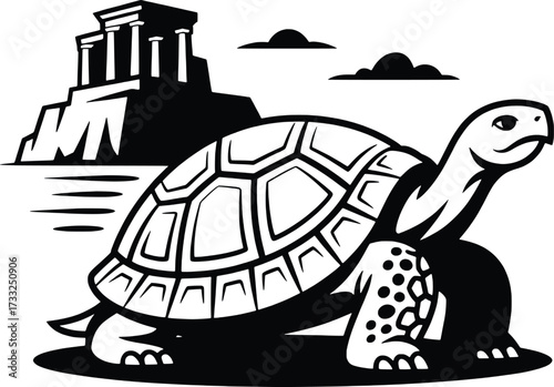 Majestic ancient tortoise wandering near historic ruins under cloudy sky