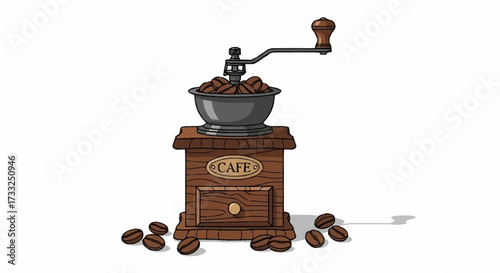 Vintage wooden coffee grinder with beans evokes artisanal cafe charm and the comforting aroma of freshly ground coffee, perfect for cozy branding.