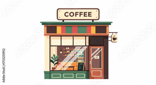Charming modern coffee shop facade invites customers in for a warm, inviting beverage experience and cozy atmosphere.