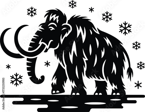 Silhouette of a woolly mammoth with snowflakes in a winter landscape