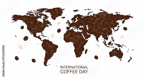 Global coffee bean world map celebrates international coffee day with scattered beans creating a vibrant, warm, and inviting scene