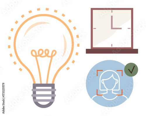 Lightbulb as an idea concept, clock symbolizes time management, and facial recognition circle implies technology integration. Ideal for creativity, innovation, productivity, security, automation