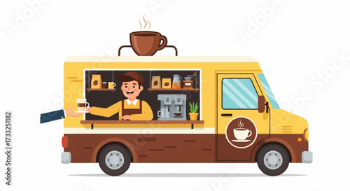 Friendly barista serves steaming hot coffee from a vibrant yellow food truck, perfect for morning commutes and urban cafes.