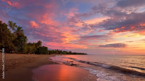 Serene tropical beach sunset with vibrant pink orange purple sky, calm ocean waves, sandy shore lined with palm trees,