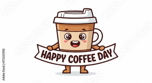 Adorable coffee cup character joyfully celebrates Happy Coffee Day with a bright, friendly smile and banner