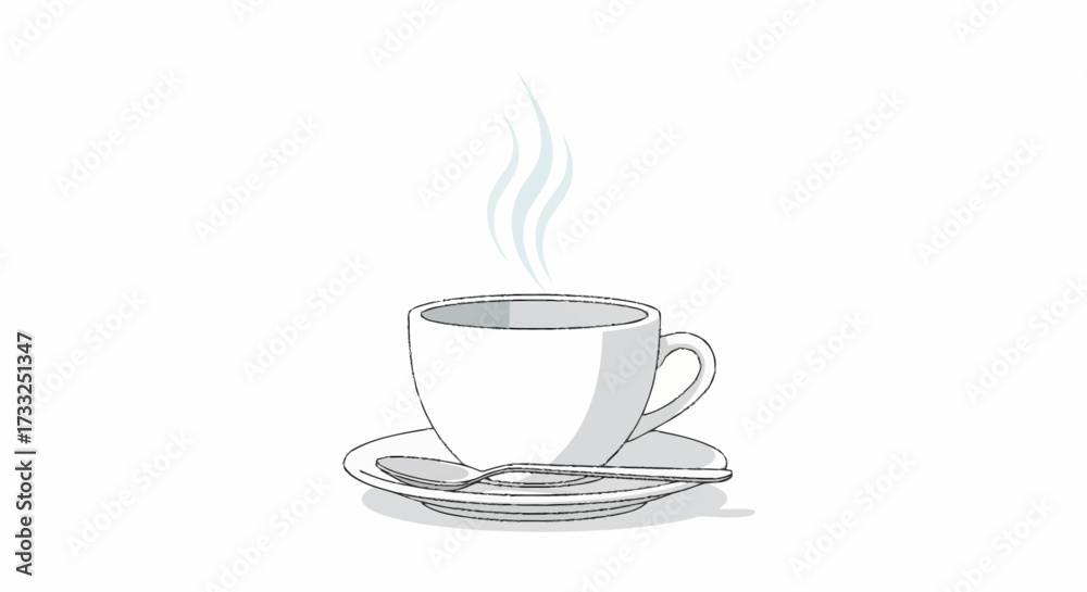 Obraz premium Steaming hot cup of coffee with spoon on saucer, perfect for morning energy and cozy moments