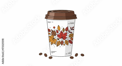 Cozy autumn coffee cup design with vibrant fall leaves, perfect for seasonal promotions and warm beverage branding.