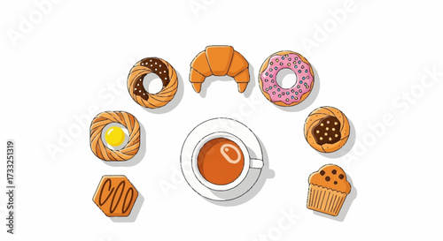 Indulge in a delightful assortment of sweet pastries and a steaming cup of coffee, perfect for a morning treat or afternoon break.