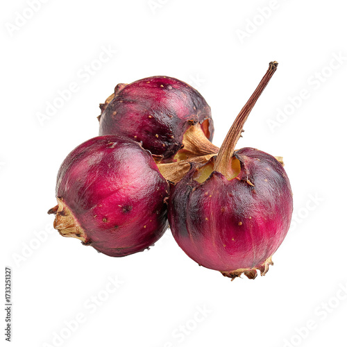 Cluster of three deep purple, round fruits