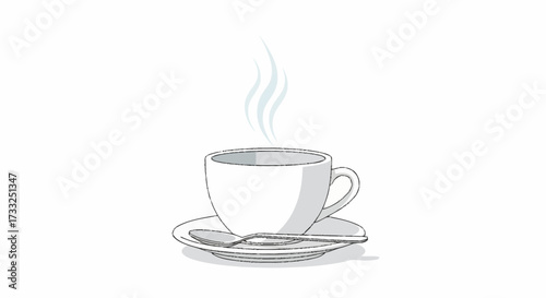 Steaming hot cup of coffee with spoon on saucer, perfect for morning energy and cozy moments