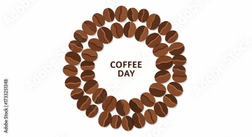 Celebrate Coffee Day with this vibrant design featuring a circular arrangement of rich brown coffee beans framing the festive text.