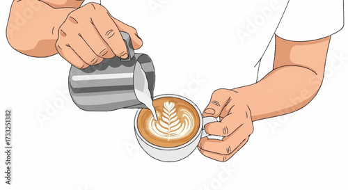 Skilled barista expertly creating beautiful latte art, pouring creamy milk into a rich espresso for a perfect morning brew.