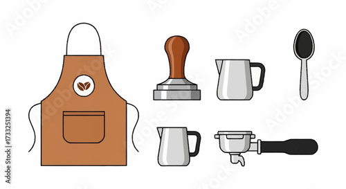 Professional barista tools including apron, tamper, milk pitchers, and portafilter, perfect for cafe branding and coffee shop design