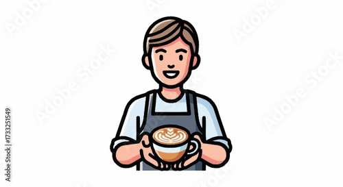 Friendly barista proudly presents a beautifully crafted latte art coffee cup, ready to serve morning joy and delicious caffeine.