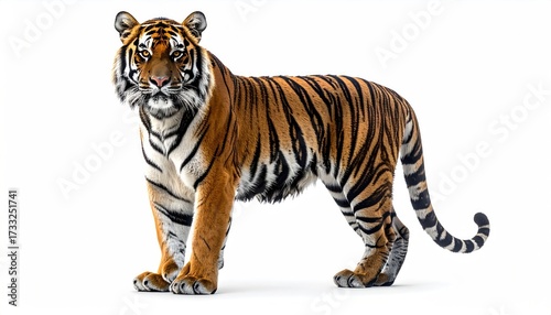 Majestic tiger stands tall, showcasing vibrant orange fur with dark stripes, white background