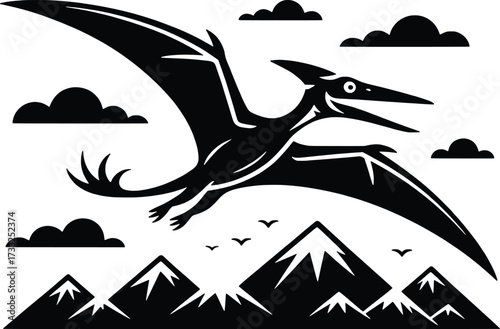 Dinosaur pterodactyl flying over mountains clouds and birds in black silhouette style