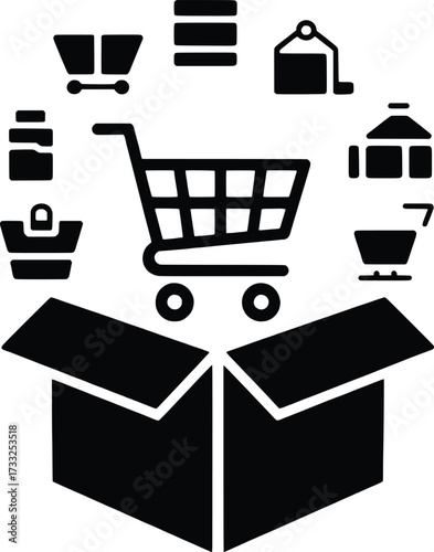 Shopping cart unboxing products in open cardboard box conceptual icon