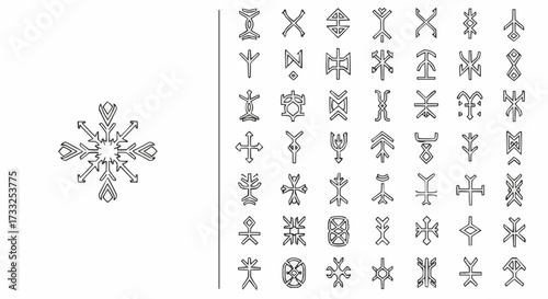 Collection of norse runes and symbols with a snowflake emblem
