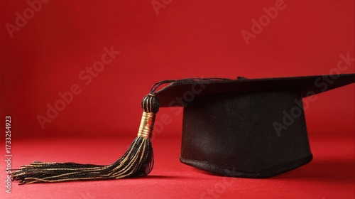 A black graduation cap with a glint of gold rests against a massive red wall,
