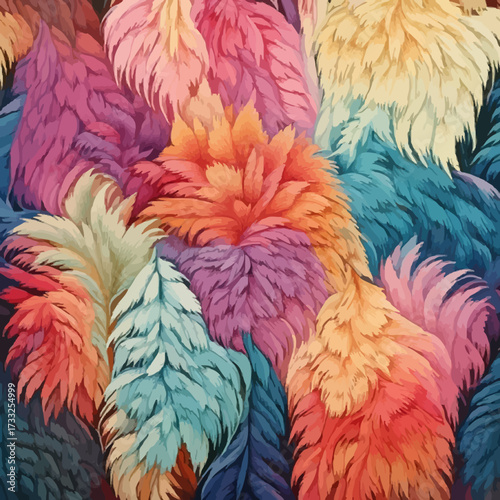 A vibrant, abstract pattern of overlapping, multi-colored feathers in a painterly and artistic style.