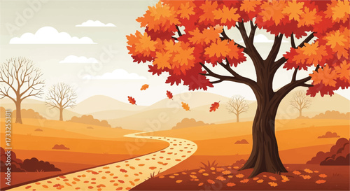 A serene autumn forest path winding through a vibrant orange landscape with a large tree shedding leaves, set against a backdrop of distant mountains and a cloudy sky.