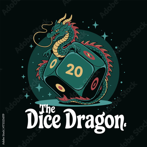 dragon coiled around polyhedral dice, fantasy gaming logo, glowing numerals, spark effects, vintage textured background, adventure
