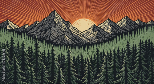 Illustration of a serene autumn forest path leading to majestic mountains at sunset with vibrant orange hues.