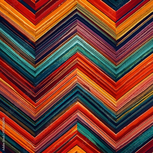A vibrant, abstract chevron pattern with a rich, textured appearance in warm and cool tones.