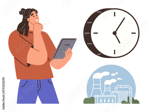 Woman holding tablet and thinking beside large clock and factory emitting smoke. Ideal for time management, productivity, decision-making, industrial operations, energy management, deadlines