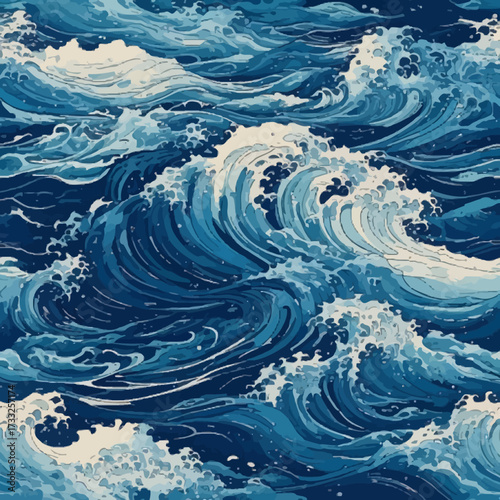 A detailed, stylized pattern of dynamic ocean waves in various shades of blue and white, with foamy crests, creating a seamless watery texture.