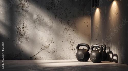 Minimal home gym corner with rustic concrete wall and moody light, black kettlebell fitness equipment for workout strength training and shadow grit