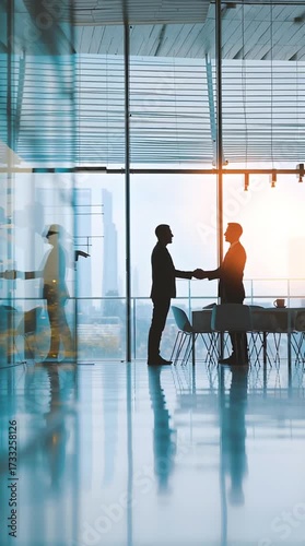 Business handshake corporate partnership agreement contract negotiation meeting in modern office skyline sunrise glass interior silhouettes teamwork