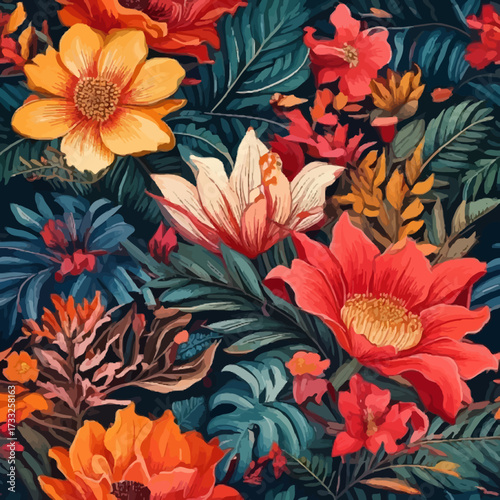 Seamless summer floral pattern with orange and yellow chrysanthemum flowers, leaves, and a nature-inspired design