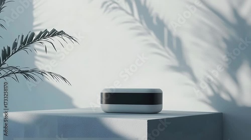 Minimal gadget smart device wireless router modem hub modern box black stripe white case soft shadow palm leaf sunlight pedestal, minimal smart