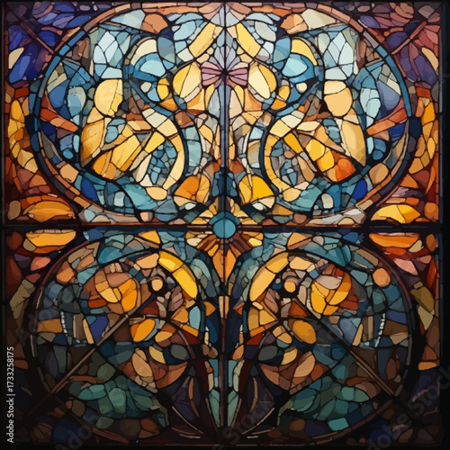Colorful church stained glass window texture pattern with floral art and architectural detail