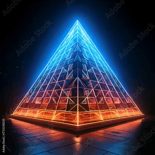 Abstract triangle design and vector illustration of pyramid architecture with a blue sky background, symbolizing technology and business in the city