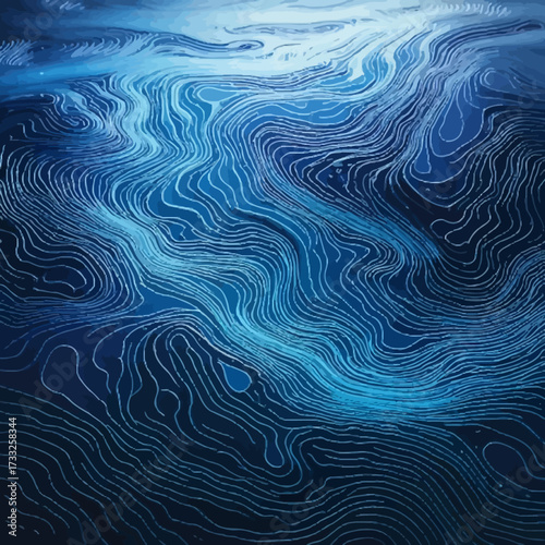 Seamless vector floral ornament pattern with abstract blue water wave texture