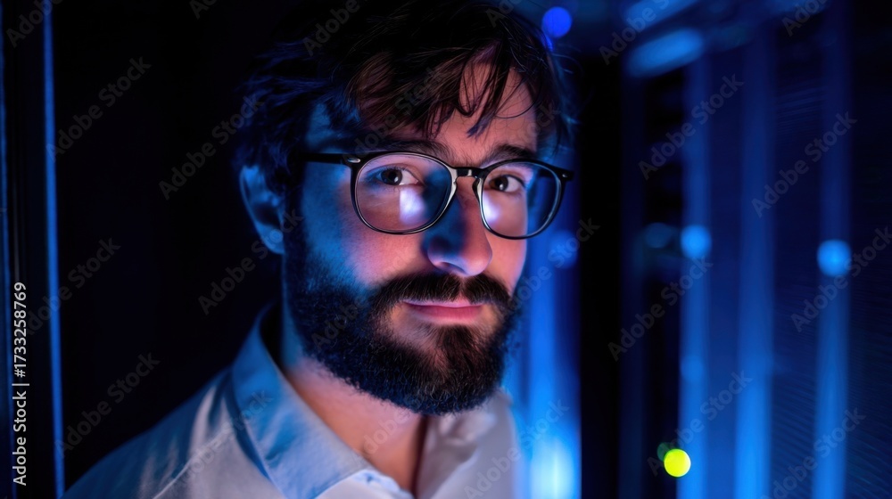 Fototapeta premium A bearded man with glasses works in a server room with blue LED lights,