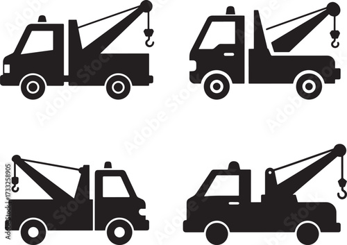 Tow Truck Silhouette Icons Set for Roadside Assistance and Vehicle Recovery