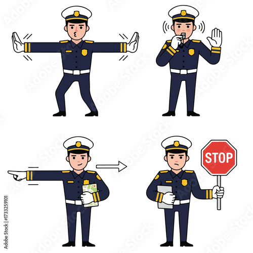 Vector Illustration of Police Officer Directing Traffic