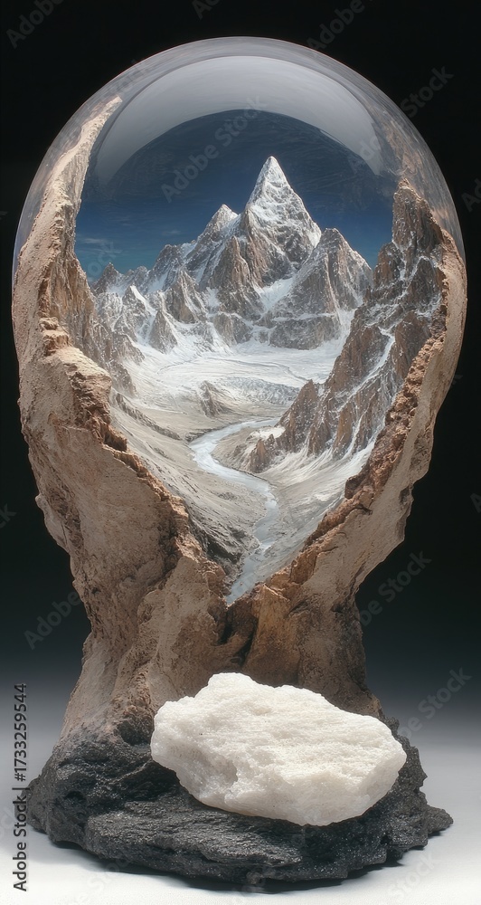 Obraz premium Mountainous landscape trapped in a crystal dome sculpture