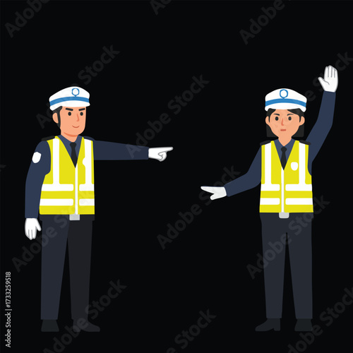 Traffic Police Officers Directing Traffic with Gestures on Black Background