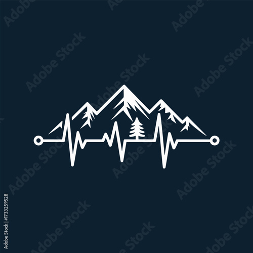 Mountain heartbeat logo, adventure hiking elevation line, alpine ECG concept, outdoor fitness brand, exploration wellness vector emblem