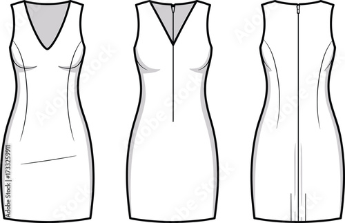 Flat vector technical fashion illustration of sleeveless dress, front back view, V-neckline, zipper detail, bust dart, garment construction