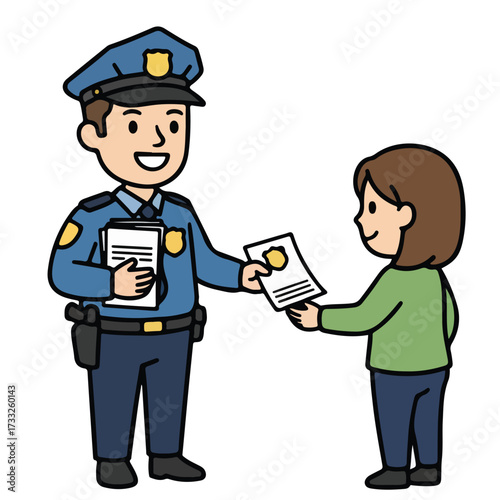 Police officer handing a flyer to a young woman