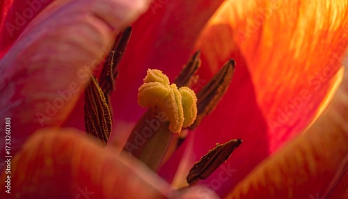 Close-up of a tulip's interior, showcasing vibrant orange and pink petals, stamens, and pistil
