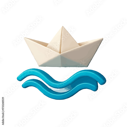 Playful paper boat glides serenely on vibrant blue ocean waves, evoking childhood dreams and simple adventures.