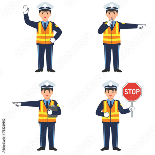 Traffic Warden Character Set with Various Poses and Signals for Road Safety