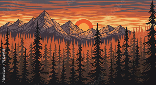 Vibrant illustration of an autumn forest path leading to a mountain range at sunset with warm orange hues and silhouetted trees.