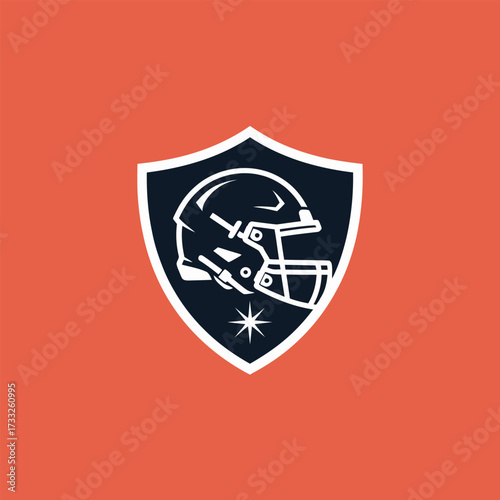 Football player helmet crest, side profile within shield, bold team branding, collegiate athletics logo, professional sports vector